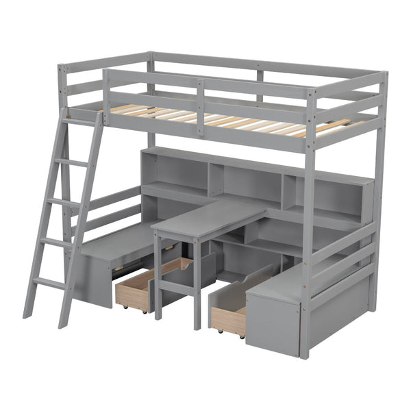 English Elm Twin Low Loft Bed with Pull Out Desk Drawers Cabinet and Shelves for Kids Grey W697S00035