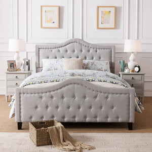 English Elm Upholstered Queen Platform Bed Arched Nailhead Tufted Frame No Box Spring Needed N761S6054002E