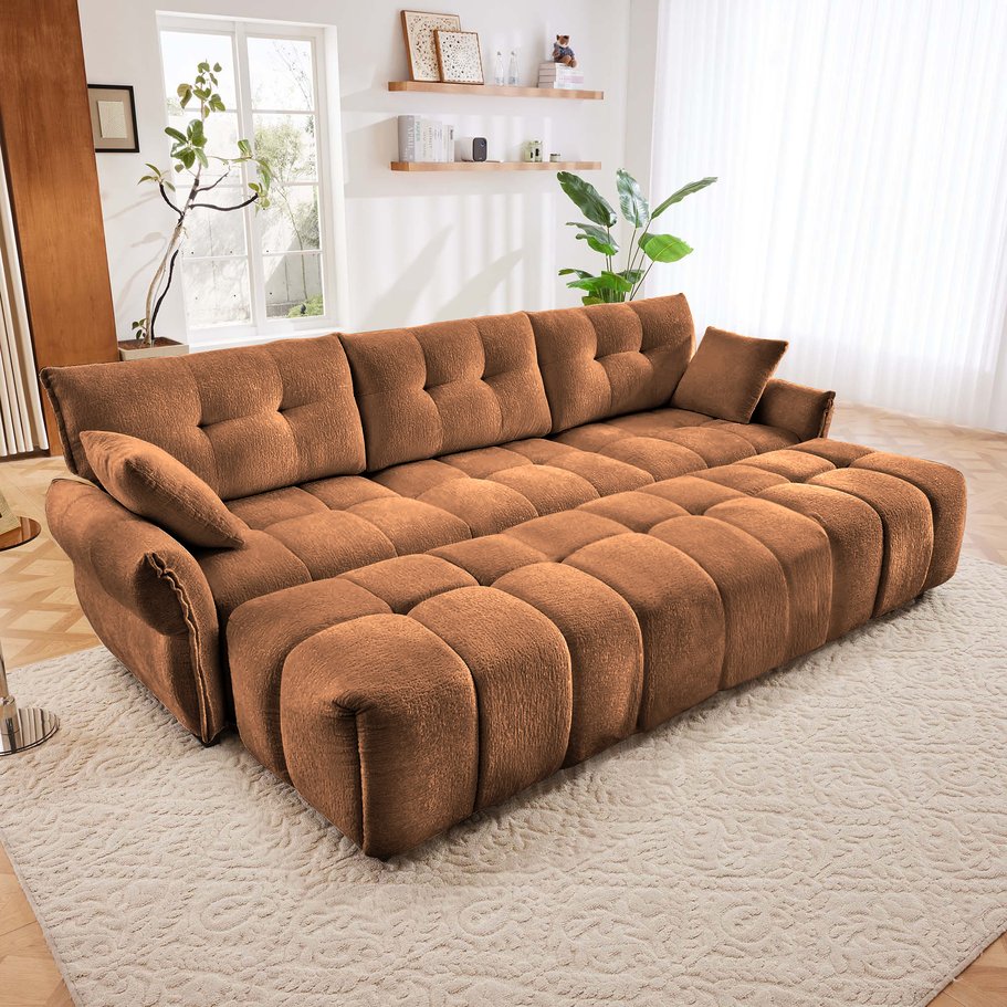 English Elm 3-Seater Sofa Set With 3 Ottomans & Pillows In Burnt Orange Chenille For Stylish Living Spaces W714S01175