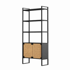 English Elm Natural Rattan Bookshelf with Matte Black Frame Open Display and Closed Storage Cabinet W2263P395493