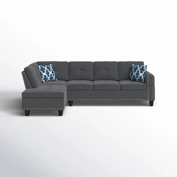 English Elm Black Faux Leather L Shaped Sectional with Cup Holders Nailhead Trim Storage Dark Gray B2730S00032