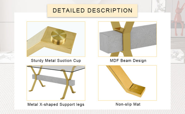 English Elm Table And Chair Set - Modern 71"X35.4" Transparent Glass Dining Set With 8 Gray Pu Chairs & Gold Legs W1151S02364-GIGA