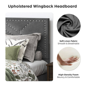 English Elm Queen Linen Storage Bed Frame with Quiet Rubberwood Headboard, No Box Spring, Easy Assembly Carbon Gray W2896P208861