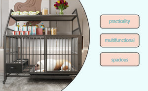 English Elm Large Pet Cage with Iron Frame Mdf Panels Storage Rack and Steel Feeding Basins Black,Gray+Charcoal W3064P245387