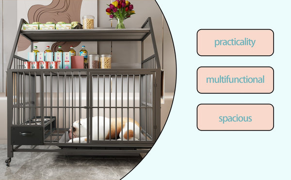 English Elm Large Pet Cage with Iron Frame Mdf Panels Storage Rack and Steel Feeding Basins Black,Gray+Charcoal W3064P245387