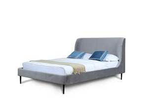 English Elm Queen Velvet Upholstered Bed Arched Headboard Mid Century Modern Bedroom Frame Grey+Black B365S00151
