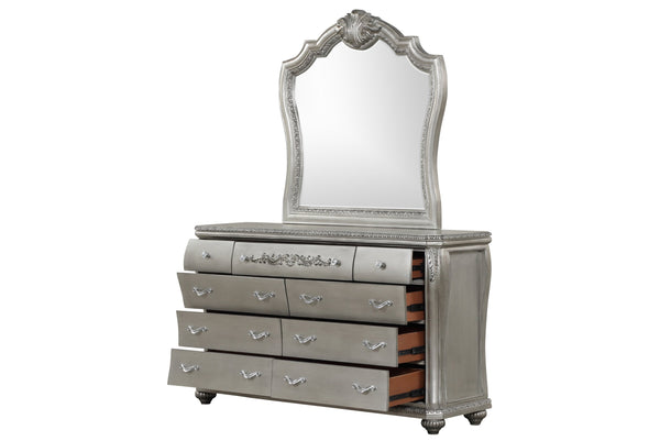 English Elm Destiny Traditional 5-Piece King Bedroom Set: Luxurious Upholstered Bed & Elegant Silver Finish B009S01359