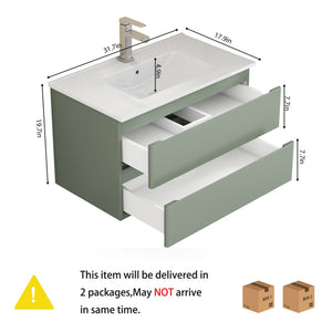 English Elm 32-Inch Wall-Mounted Bathroom Vanity With Integrated Ceramic Sink, Soft-Close Drawers & Modern Green Finish W3151S00044