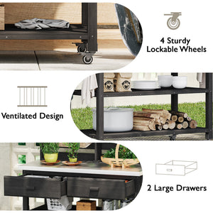 English Elm K&K 64.9" Outdoor Potting Bench with 1.2" Stainless Steel Top, Lockable Wheels, Hutch & Drawers Black N707P228274B