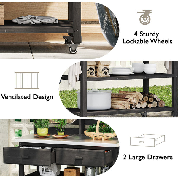 English Elm K&K 64.9" Outdoor Potting Bench with 1.2" Stainless Steel Top, Lockable Wheels, Hutch & Drawers Black N707P228274B