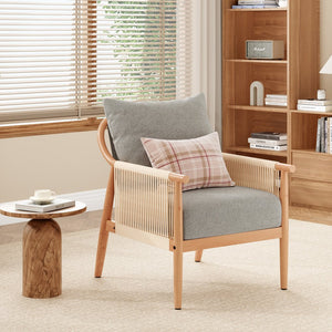English Elm Braid Armchair Mid Century Modern Linen Wood Accent Chair with Ergonomic Support and Plush Cushioning Grey T3623P409105