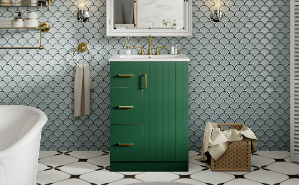 English Elm 24" Modern Bathroom Vanity with Under-Mount Sink, Vertical Stripe Design, 2 Drawers & Soft-Close Cabinet Green N710P288936F
