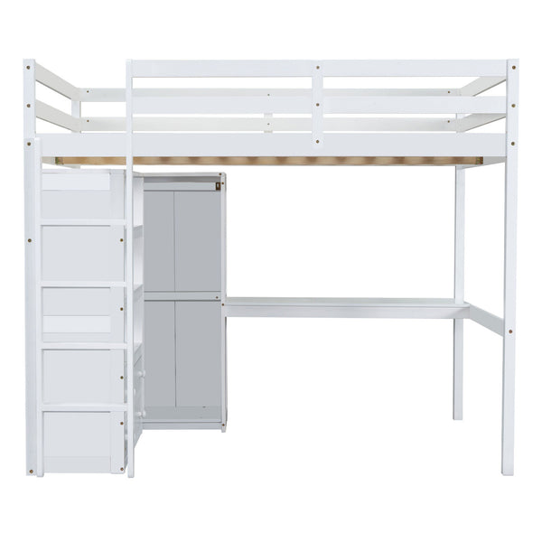 English Elm Wood Full Size Loft Bed with Built-In Desk, Wardrobe, Shelves & Drawers for Space-Saving Rooms White GX000466AAK