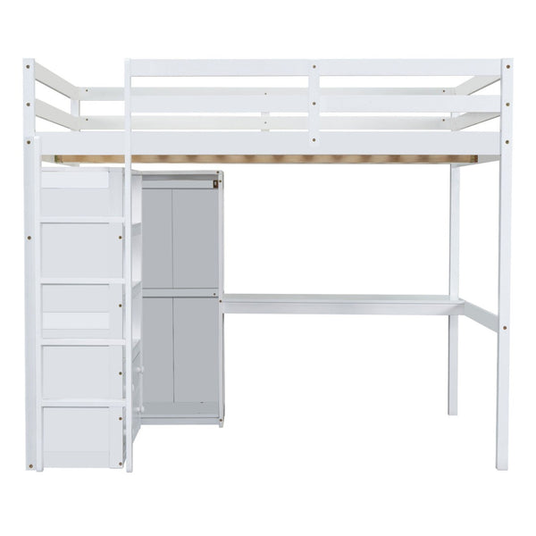 English Elm Wood Full Loft Bed with Integrated Wardrobe Desk Shelving and Drawers for Teen Rooms White GX000466AAK-1