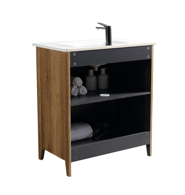English Elm 30 Inch Floating Bathroom Vanity Fluted Wood Grain Front with Ceramic Integrated Sink Golden Oak W3520S00033