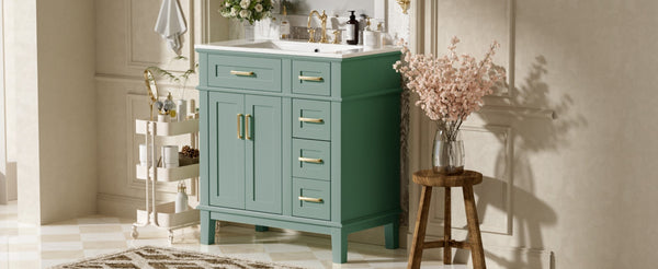 English Elm 30" Freestanding Bathroom Vanity Ceramic Sink Soft Close Cabinet Gray Wood Frame Light Green N729P427118F