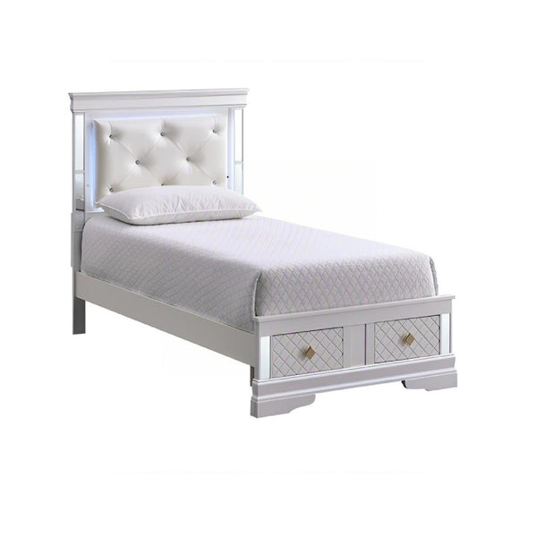 English Elm Verona Twin Bed With Jeweled Headboard, Led Lighting & Storage Drawers - Elegant Pearl White Design B078S00643-GIGA