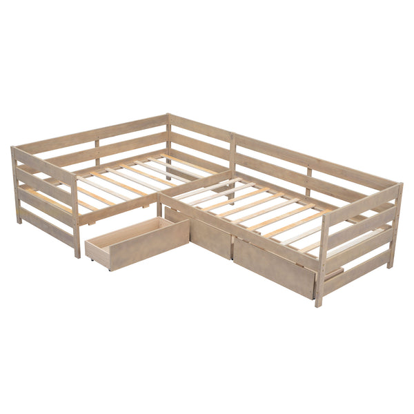 English Elm Twin L-Shaped Platform Bed with Three Spacious Drawers, Solid Pine & MDF, Clean-Lined Design Natural N7090000468N