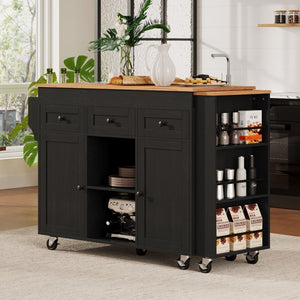English Elm K&k Rolling Kitchen Island with Extendable Table Open Shelving and Built-in Power Outlet Black N707P360278B