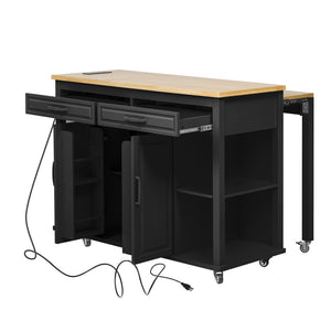 English Elm K&k Farmhouse Kitchen Island Extendable Table Rubber Wood Veneer Built-in Charging Storage Black N707S215327B
