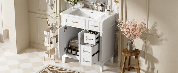 English Elm 30" Bathroom Vanity with Ceramic Sink and Deep Storage, Soft-Close Doors, Gold Handles, Durable Wood Frame White N729P276610K