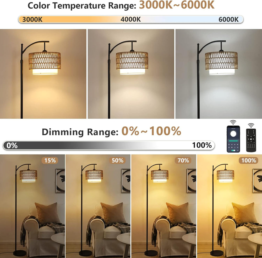 English Elm Arc Floor Lamp With Remote & Dimmable Bulb - Adjustable 3-Color Temperature Decor For Home & Office W2738P185402