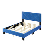 English Elm Simple Queen Size Upholstered Bed Frame With Rivet Design, Modern Velvet Platform Bed With Headboard, Blue