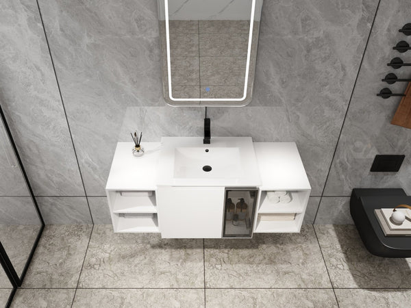 English Elm 48" Floating Bathroom Vanity with Ceramic Sink Soft Close Doors and Grey Glass Panel W999S00529