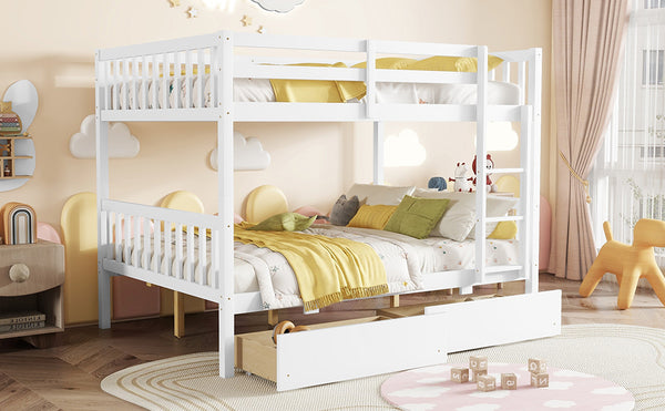 English Elm Full Full Over Full Bunk Bed In White - Durable Rubberwood With 2 Drawers, Converts To 2 Beds, Safe Design W504S00195