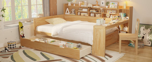 English Elm Wooden Twin Daybed with Trundle Built-in Desk and Open Shelves for Kids Rooms Natural N733S373385M