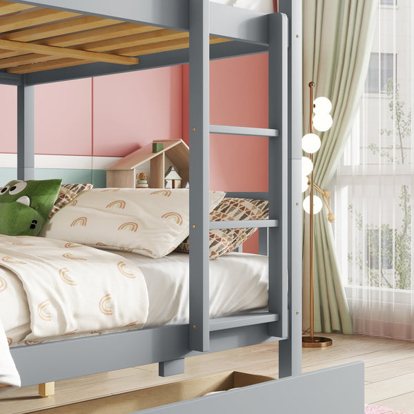 English Elm Full Full Over Full Bunk Bed In Grey With 2 Storage Drawers, Ladder & Safety Guardrails – Versatile Design! W504S00194