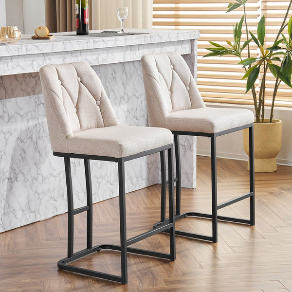 English Elm Set Of 2 Modern Upholstered Counter-Height Bar Stools With Button-Tufted Backrest - Beige Elegance W1901P225271-GIGA