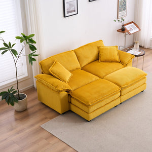 English Elm Corduroy Plush 2-Seat Sofa with 2 Back Cushions, Toss Pillows & Ottomans — Deep Seat Comfort Yellow W2363S00063