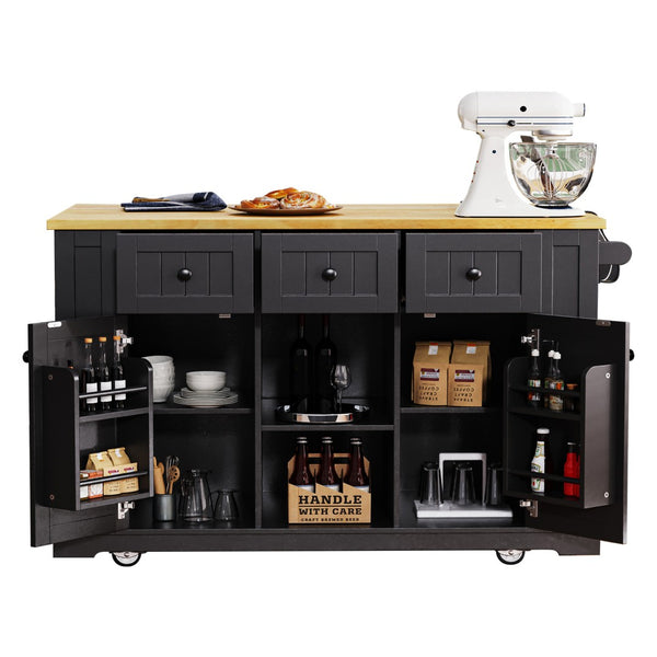 English Elm K&k 53 Inch Rolling Kitchen Island with Drop Leaf Power Outlet and Open Storage Racks Black N707S185531B