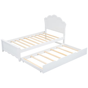 English Elm Twin Solid Wood Platform Bed with Headboard & Pull-Out Trundle, White Finish, Sturdy Pine/MDF Design GX000389AAK