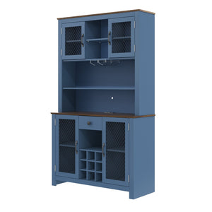 English Elm 70.9" Farmhouse Hutch Pantry with Led Lighting Wine Rack Mesh Doors and Built-in Power Navy Blue CH361426AAL