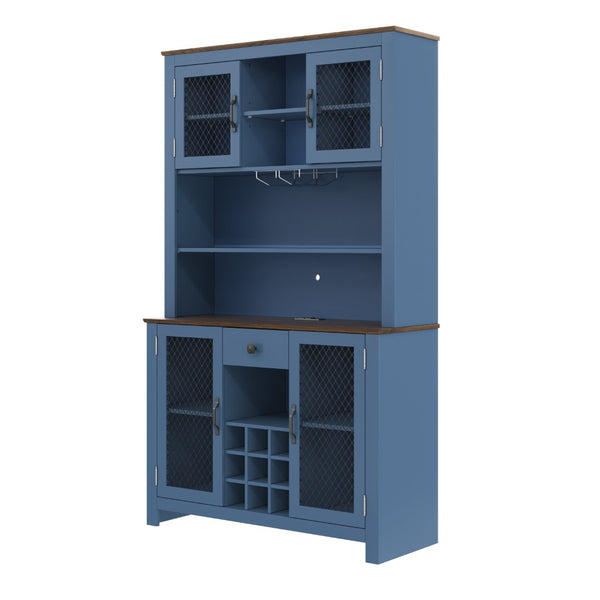 English Elm 70.9" Farmhouse Hutch Pantry with Led Lighting Wine Rack Mesh Doors and Built-in Power Navy Blue CH361426AAL