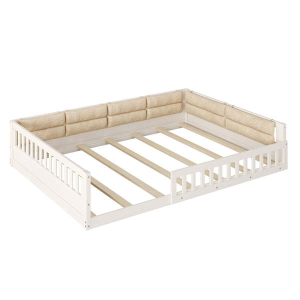 English Elm Wood Full Size Upholstered Platform Bed with Guardrail and Head Pillow, Sleek Silhouette, Sturdy 600lb Capacity Beige WF323090AAA