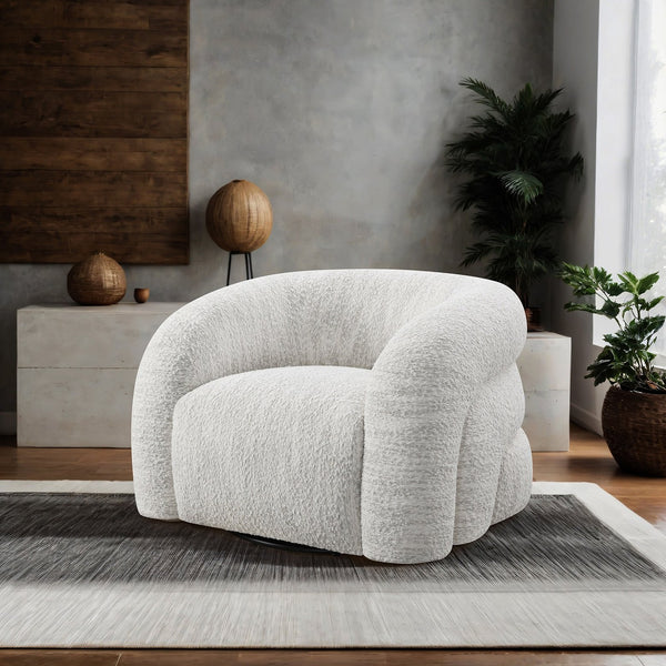 English Elm Contemporary Sculpted Barrel-Back Arm Chair with Smooth Casters, Neutral Textured Upholstery, Stylish Accent Seating White 38 L x 37 W x 29 H B2741P401980