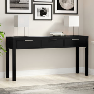 English Elm Hollander Wide Console Table with Three Smooth-Gliding Drawers, Solid Pine, Low-VOC Finish, 60" Black B136P364304