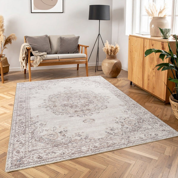 English Elm Oxford Ivory Medallion Area Rug Turkish Woven Polyester Living Room Floor Accent B186P428899