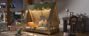 English Elm Twin Cabin Bed with Detachable Tent Skylight and Woodland Deer Antler Accents White N708P356716K