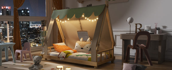 English Elm Twin Cabin Bed with Detachable Tent Skylight and Woodland Deer Antler Accents White N708P356716K