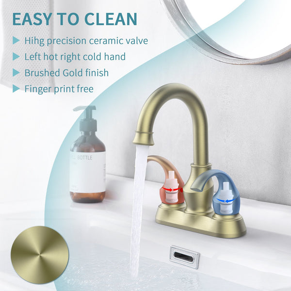 English Elm Bathroom Faucet 2-Handle Brushed Gold - 360° Spout, Crescent Moon Design, Easy Installation Kit Included T3177P277486