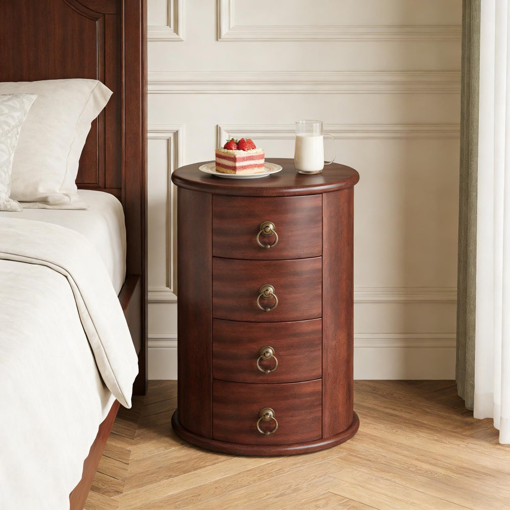 English Elm Wood Round Nightstand Four Drawer Solid Mid Century Modern Bedside Storage Table T3971P451421
