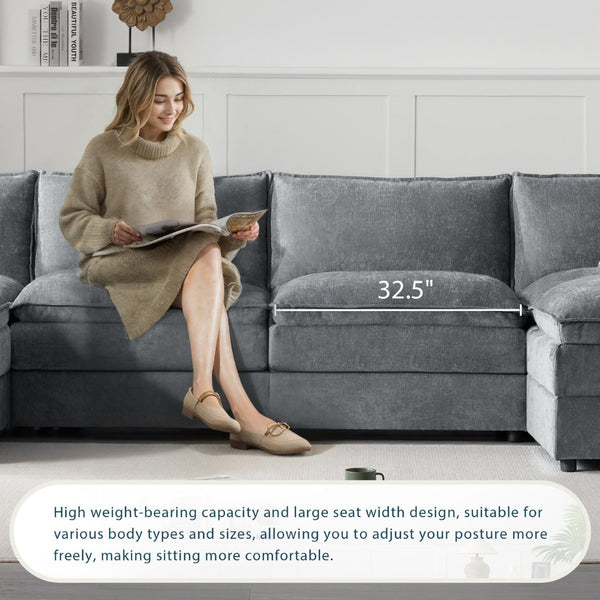 English Elm [video]136" Chenille U-shaped Sectional Six Seat Cloud Sofa with Movable Ottomans Dark Gray N723S1687B