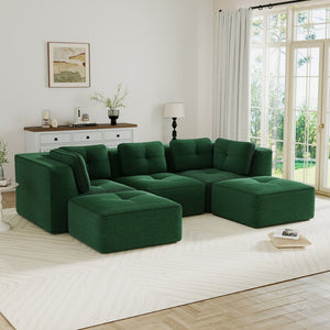 English Elm Modern Corduroy U-shaped Sectional with Tufted Cushions Deep Seat and Movable Ottomans Green W714S01797