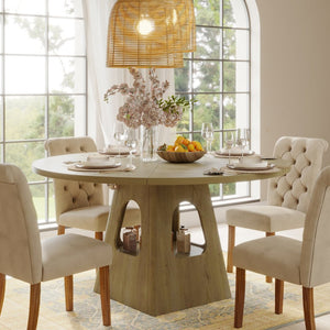 English Elm Round Farmhouse Dining Table 47 Inch Wooden Top with Lower Storage Shelf Seats Six Natural W757P367148