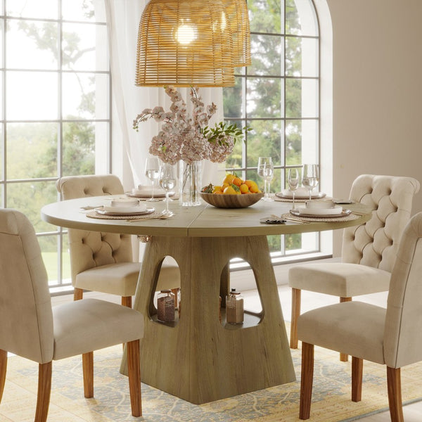 English Elm Round Farmhouse Dining Table 47 Inch Wooden Top with Lower Storage Shelf Seats Six Natural W757P367148