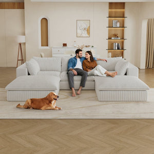 English Elm 118.2" Modular Cloud Sofa Corduroy Upholstered Deep Seat Lounge for Living Room White W2824S00160